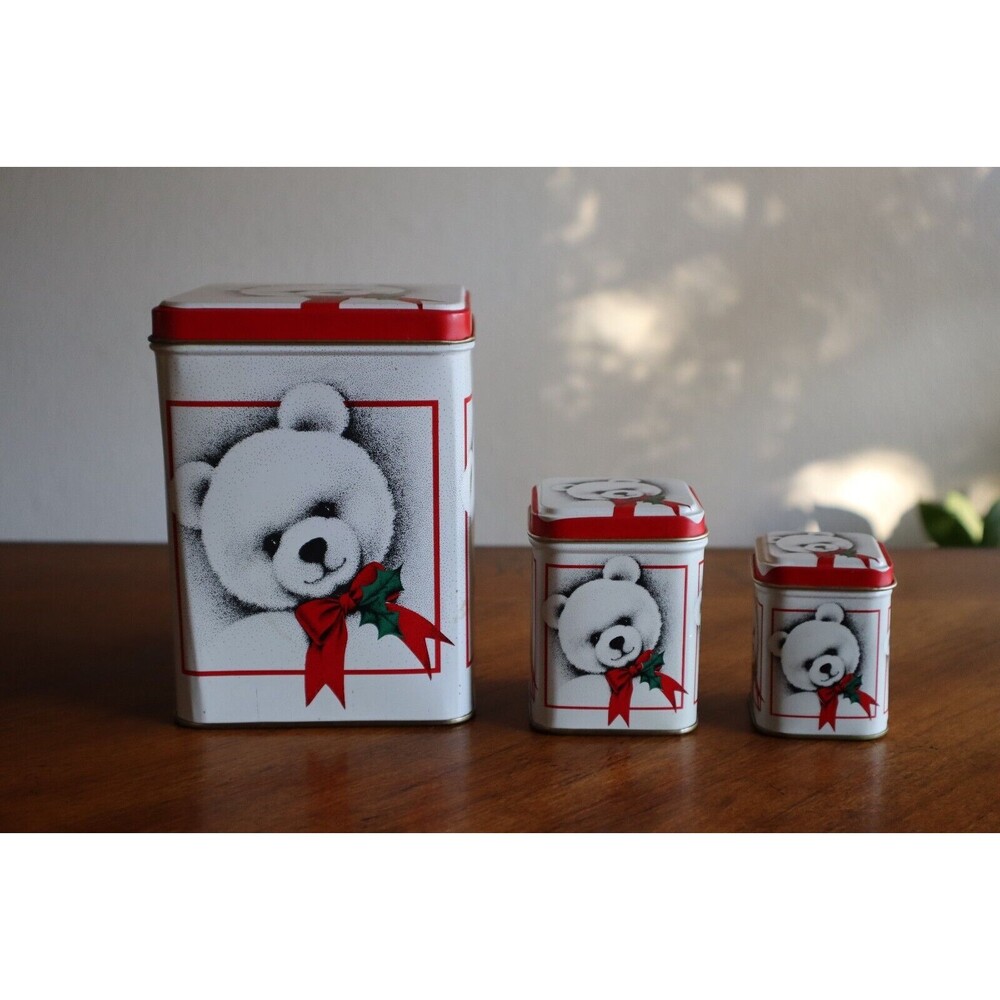 3x Vintage White Polar Bear Red Bow Holly Nesting Christmas Tin Box 5.75"-2.5"